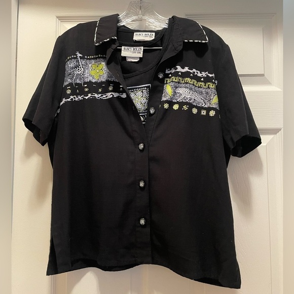 VINTAGE Two Piece Nancy Bolen City Girl Black Animal Jacket and Tank Size L - Picture 1 of 12